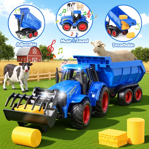 Miniatura 4 de Funwee Juego de Juguete de Tractor RC con Luz y Sonido, Coche de Granja para Niños con Remolque de Animales, Ruedas, Camión a Control Remoto, Azul
