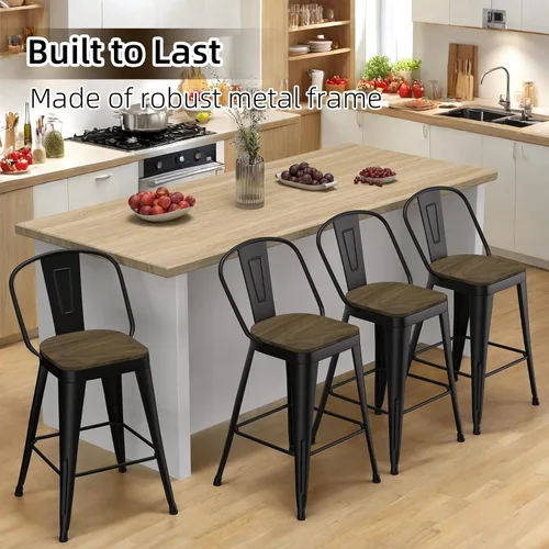 Miniatura 7 de Juego de 4 taburetes de bar de metal, taburetes de bar con respaldo alto con asiento de madera, taburetes de bar negros de 24 pulgadas para isla