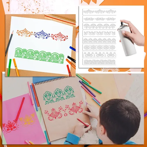 Miniatura 4 de Prasacco Plantillas de borde de flores de 8 piezas, plantillas de mandala ornamentadas para pintar sobre madera, lienzo, papel, tela, pastel, pared