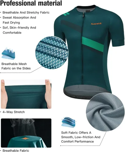 Miniatura 2 de Santic Camiseta de ciclismo para hombre, manga corta, camiseta de ciclismo de carretera, con cremallera completa, UPF 50+, MTB con bolsillos
