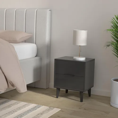 Miniatura 2 de Mesita de noche de madera con mango ranurado moderno de mediados de siglo, cajón de almacenamiento y estante, mesa auxiliar de noche, 2 cajones Negro