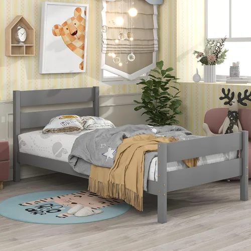Miniatura 3 de Base de cama individual de madera con cabecero y estribo, base de colchón de plataforma individual con soporte de listones de madera para niñas