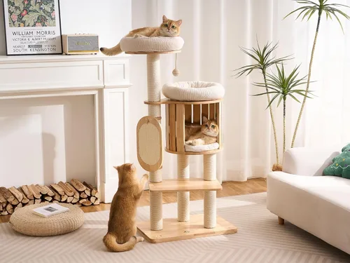 Miniatura 2 de Árbol Moderno de Madera Maciza para Gatos Adultos Grandes de Interior, Torre para Gatos de 50 Pulgadas de Alto con Postes Rascadores de Sisal, 50.0
