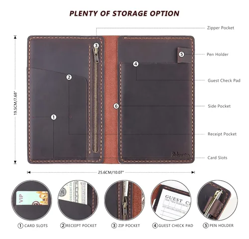 Miniatura 3 de Libreta organizadora para meseros con bolsillo con cremallera, tarjetero para restaurante de piel genuina para meseras, accesorios para meseros que