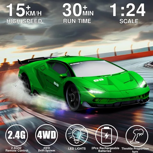 Miniatura 2 de Auto de Control Remoto RC Auto de Deriva 2.4GHz 1:24 4WD 15KM/H Auto de Carreras Deportivas de Alta Velocidad con Luces LED Neumáticos de Deriva