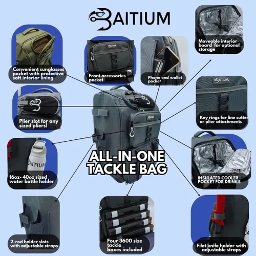 Miniatura 2 de Baitium Mochila de pesca - Bolsa de aparejos de 40L con enfriador, soportes para cañas, perfecta para equipo de pesca Verde