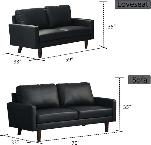 Miniatura 3 de INSTORY Sofá de cuero Sofá moderno con patas de madera para sala de estar, oficina - negro