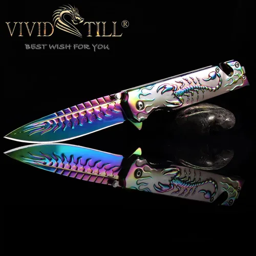 Miniatura 5 de Vividstill Cuchillo de bolsillo para hombres, cuchillo plegable arcoíris genial con patrón en relieve 3D, gran regalo de cuchillo EDC para hombres