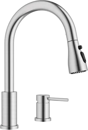 Miniatura 10 de APPASO - Grifo de cocina de 2 agujeros, grifo de cocina negro mate con rociador extraíble de 3 modos, grifo de cocina de arco alto con manija