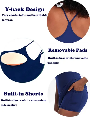 Miniatura 7 de Vestido de entrenamiento para mujer con brasier y pantalones cortos integrados, sin mangas, vestido atlético de tenis y golf con bolsillos