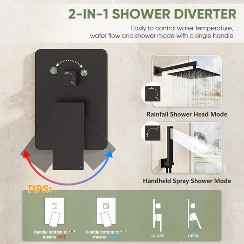 Miniatura 6 de Kurpot Sistema de ducha negro, juego de grifo de ducha montado en la pared con válvula, cabezal de ducha de lluvia de 10 pulgadas con rociador Negro