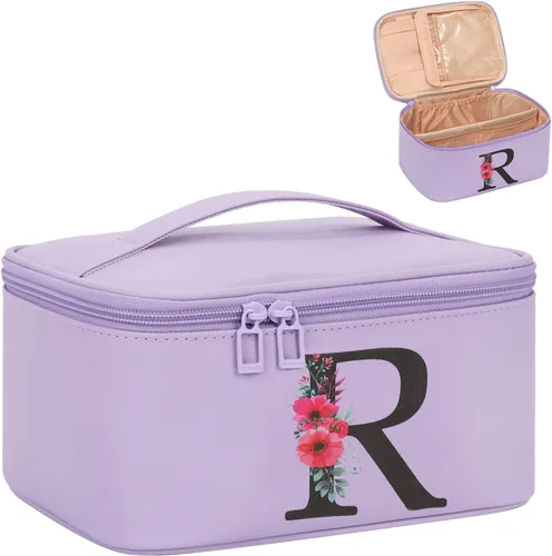 Miniatura 40 de OCHEAL Bolsa de maquillaje personalizada, bolsa de maquillaje beige para mujer, kit de aseo de viaje con monograma, organizador de cosméticos listo