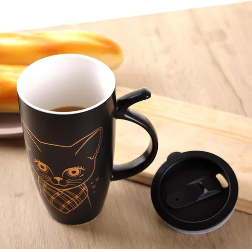 Miniatura 5 de WHJY Taza de café de cerámica grande de 20 onzas con tapa a prueba de salpicaduras, asa en forma de cola de gato, vaso de taza de gato de animales