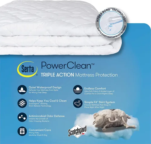 Miniatura 5 de SERTA Power Clean - Protector de colchón acolchado de triple acción, impermeable, protección que absorbe la humedad con bolsillo profundo de 15