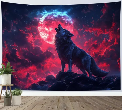 Miniatura 11 de HVEST Tapiz de pared de lobo para colgar en la pared, tapiz de animales salvajes, lobos aullidos en tapices nevados, escena de nieve de invierno