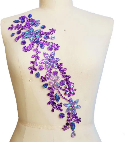 Parches de cristal brillante hechos a mano puro de 3.9 x 16.5 in con diamantes de imitación para coser, apliques con piedras y cuentas de Morado