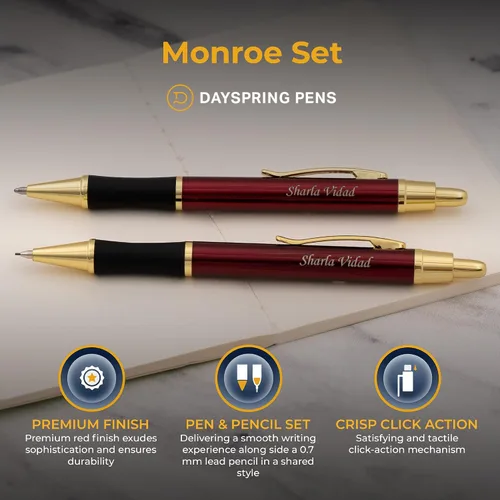 Miniatura 4 de Dayspring Pens Monroe - Juego de bolígrafos y lápices, laca roja con borde dorado, grabado personalizado, regalo de graduación, aniversario