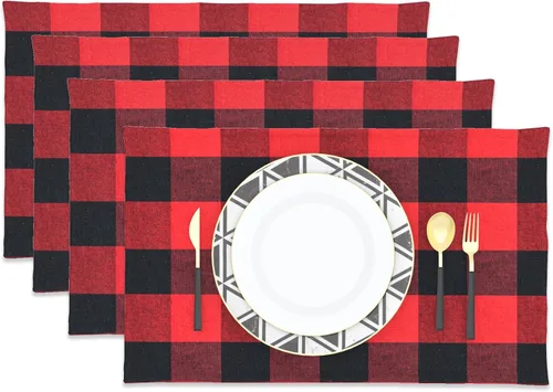 Miniatura 9 de Juego de 4 manteles individuales de algodón de 2 lados a cuadros amarillos y blancos, resistentes al calor, para mesa de cocina, 12 x 18 pulgadas