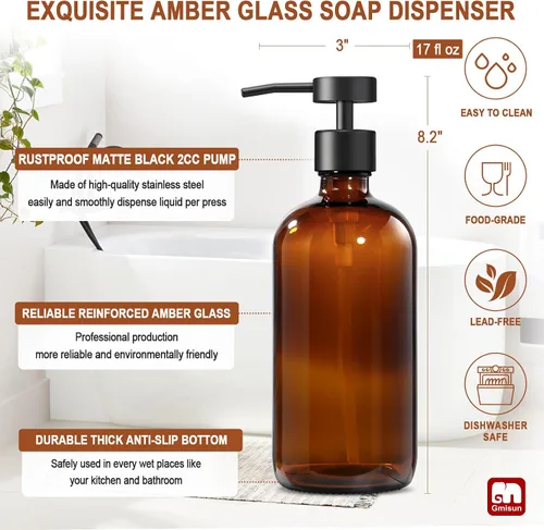 Miniatura 3 de Dispensador de jabón de vidrio ámbar GMISUN, 1 paquete de dispensadores de jabón para platos para cocina con bomba de acero inoxidable a prueba