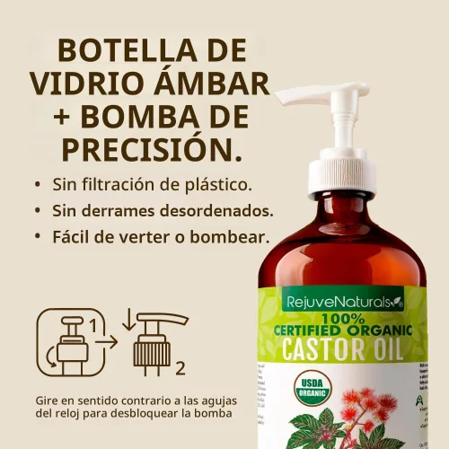 Miniatura 8 de RejuveNaturals Aceite de Ricino (Botella de Vidrio de 16oz) Certificado Orgánico USDA, 100% Puro, Prensado en Frío, Libre de Hexano. Promueve