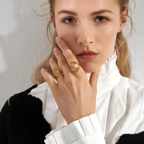 Miniatura 2 de FUNYCHEN Anillo de perlas de plata esterlina, anillo de perlas S925 para mujer, minimalista, irregular, oro, inspirador, anillo de perlas cultivadas