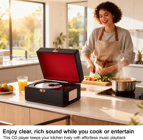 Miniatura 5 de Reproductor de CD portátil Bluetooth, reproductor de CD retro negro para reproductor de música en el hogar, batería recargable y altavoces