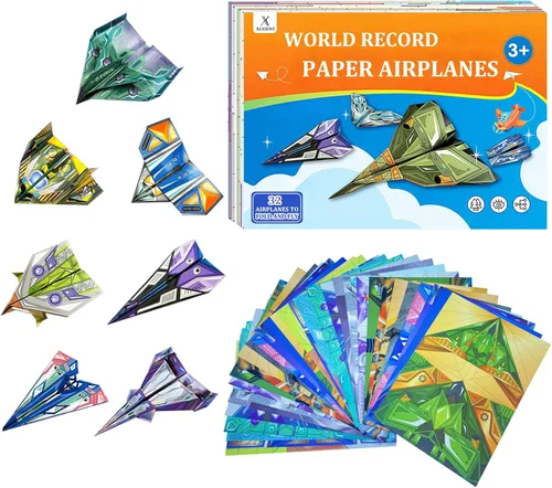 Xuoent Paper Airplanes for Kids, Paper Airplane Craft Kit with 32 Colorful Origami Papers, Easy Fold Paper Plane Kit for Boys and Girls Ages 6-12+
