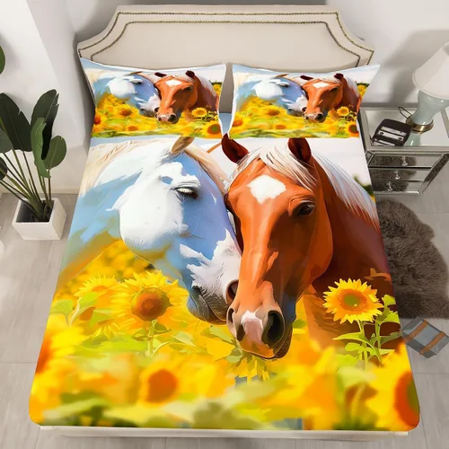 Juego de sábanas bajeras de caballo con diseño de girasol amarillo y vaquero occidental para niños, adolescentes, regalo de decoración de