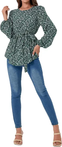 Miniatura 6 de MakeMeChic Camisa de maternidad floral de manga larga con cinturón para embarazo, blusa peplum