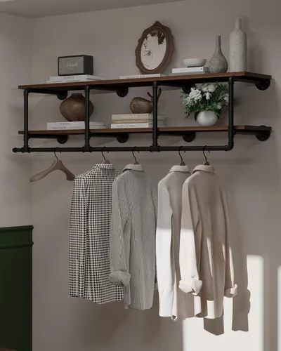 Miniatura 9 de Perchero montado en la pared de 12 pulgadas de profundidad, 42 pulgadas resistente con estante de madera de nogal real, barra de colgar multiusos