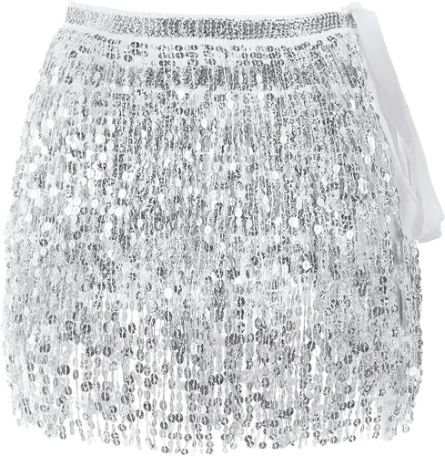 Miniatura 6 de 2 piezas lentejuelas borla falda vientre danza cadera bufanda rendimiento lentejuelas falda cinturones cuerpo accesorios para mujeres niñas