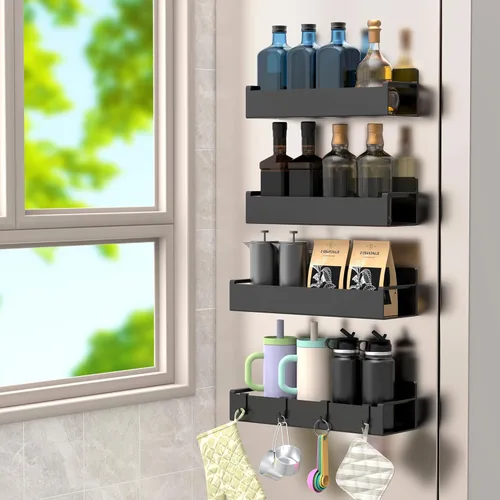Miniatura 9 de HuggieGems Paquete de 4 organizadores magnéticos para especias para refrigerador y horno, organizadores de nevera gris claro y almacenamiento