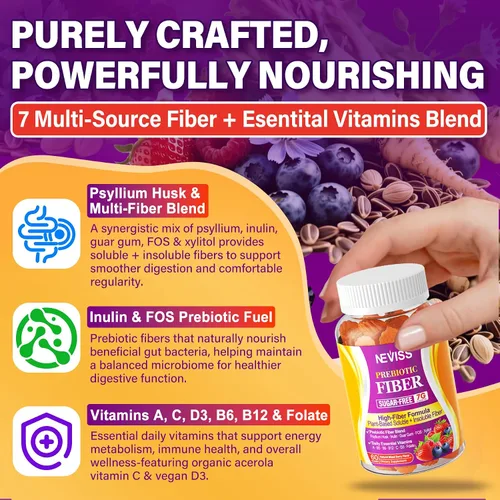 Miniatura 7 de 1 Paquete de Gomitas de Fibra para Adultos con Cáscara de Psyllium, 7G (Fibra Prebiótica Soluble + Insoluble) Diaria con Inulina, FOS, Goma de Guar