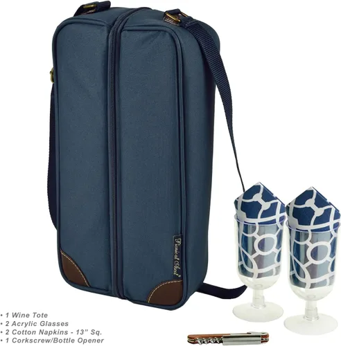 Miniatura 3 de Picnic at Ascot Bolsa de vino aislada con 2 copas de vino, servilletas y sacacorchos, diseñada y montada en los Estados Unidos Azul enrejado