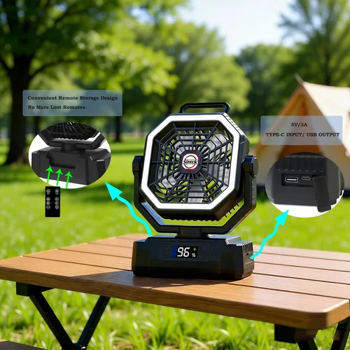 Miniatura 4 de Sireck Ventilador de campamento de 40000 mAh, ventilador personal portátil de 10 pulgadas con control remoto, linterna LED, 5 velocidades, Negro-10