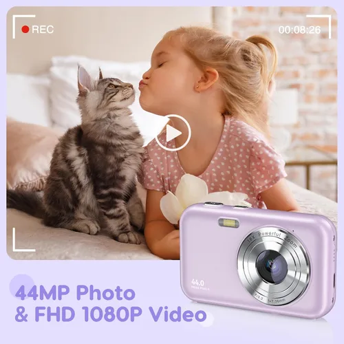Miniatura 2 de Cámara púrpura para niños, FHD 1080P, 44MP, zoom 16X, compacta, portátil con tarjeta de 32G y 2 baterías, regalo para niñas, niños, estudiantes