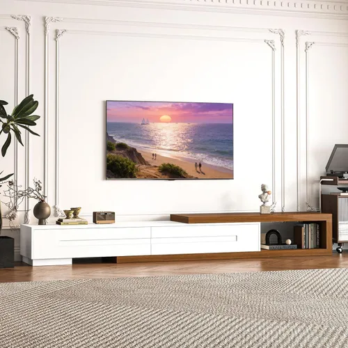 Miniatura 11 de Soporte de TV extensible con chimenea eléctrica de 71 a 116 pulgadas, moderno centro de entretenimiento con luces LED y toma de corriente para TV