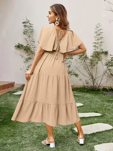 Miniatura 4 de Amegoya - Vestido largo casual de manga corta con cuello en V para mujer, diseño floral, estilo bohemio, para la playa, sesión de fotos, con volantes