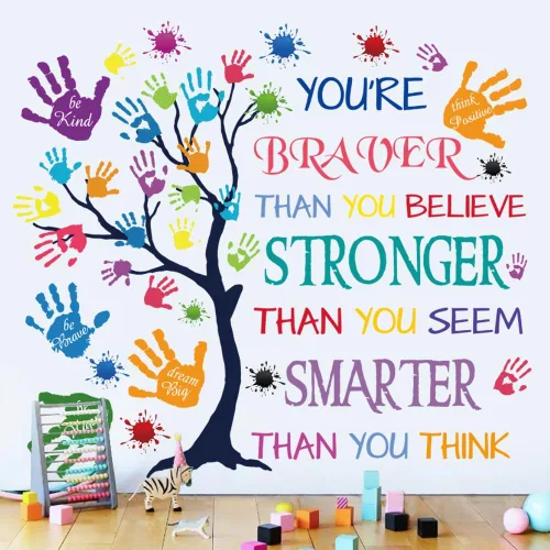 Calcomanía de pared con cita inspiradora de colores - "Eres más valiente de lo que crees, más fuerte de lo que pareces, más inteligente de lo que