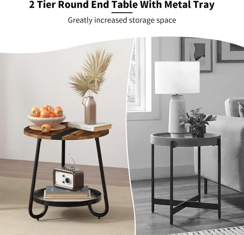 Miniatura 6 de Mesa auxiliar de 2 niveles para sala de estar, mesa de centro redonda de estilo industrial con bandeja de metal, mesa de centro pequeña de madera
