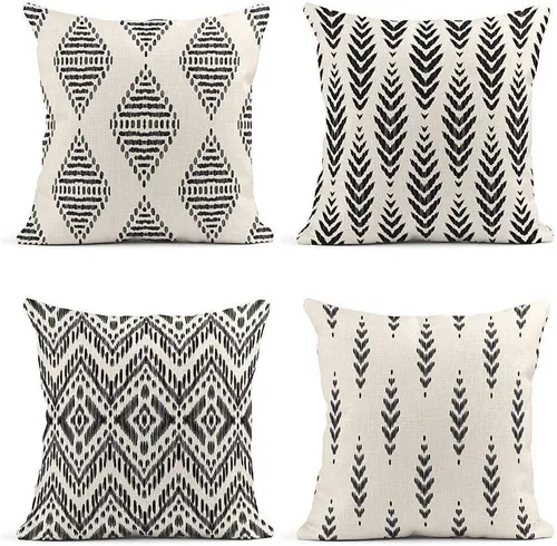ArtSocket - Juego de 4 fundas de almohada decorativas Ikat tribal y boho bohemio, diseño étnico de herringbone en negro, de lino para ideas de
