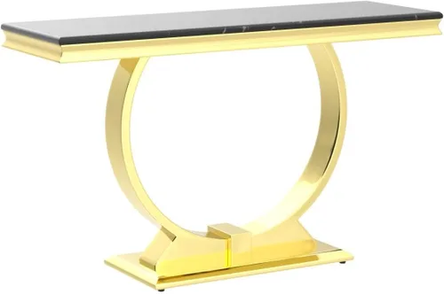 Miniatura 4 de ACEDÉCOR Mesa consola dorada, mesa de entrada de mármol sintético negro de lujo de 50 pulgadas con base de acero inoxidable en forma de U dorada
