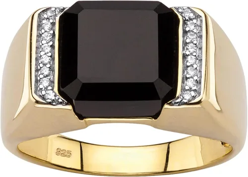 PalmBeach Jewelry - Cojín de plata de ley chapado en oro amarillo para hombre, ónix negro natural y circonita cúbica redonda, tamaños 8-13, Metal,