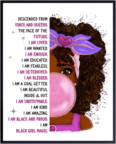 Arte de pared de niña afroamericana, arte negro, decoración de pared con citas positivas inspiradoras, póster de afirmaciones positivas, decoración