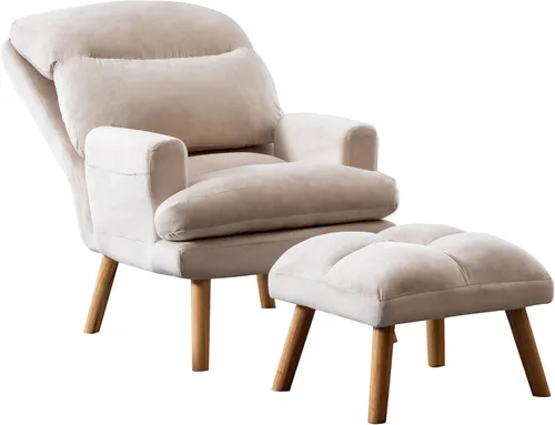 Miniatura 8 de IOMOR Silla Accent con otomano, silla de lectura cómoda, sillón con respaldo ajustable y bolsillos laterales, sofá de tela suave de ocio para Beige