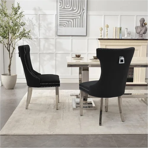 Miniatura 17 de adochr Juego de 2 sillas de comedor de terciopelo, sillas de cocina tapizadas con patas de metal, respaldo abotonado moderno con anillo de tracción