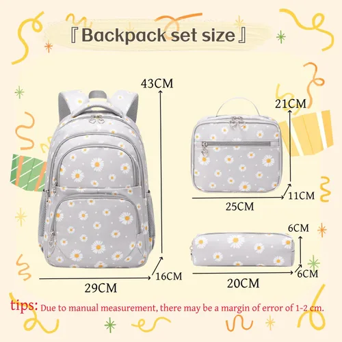 Miniatura 2 de 3 piezas de mochila con estampado de margaritas para niños, mochila de escuela primaria, mochila para estudiantes de primaria, mochila para Negro