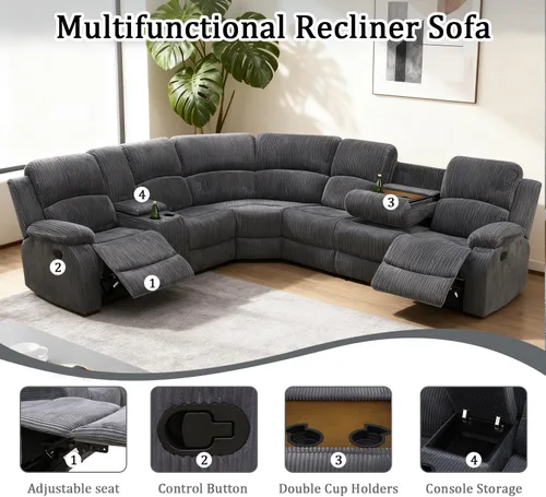 Miniatura 3 de Juego de sofá modular reclinable manual para sala de estar, sofá reclinable en forma de L, seccional de cuero con portavasos/almacenamiento