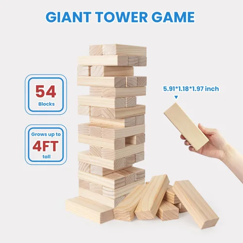 Miniatura 2 de PetGirl Torre gigante de caída de 54 piezas, juego de apilamiento de madera jumbo de más de 4 pies para niños y adultos, juego de pino de primera
