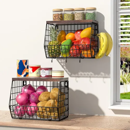 Wawocs Tazón de frutas de 2 niveles, cesta de frutas para encimera de cocina, cesta apilable, cesta colgante montada en la pared, cestas de alambre